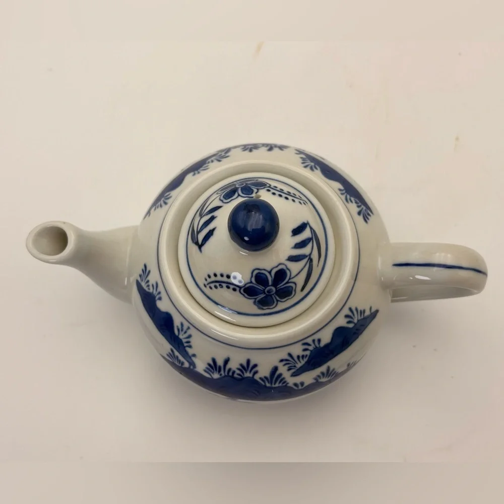 Vintage Blue and White Chinoiserie Ceramic Teapot with Ducks on Pond